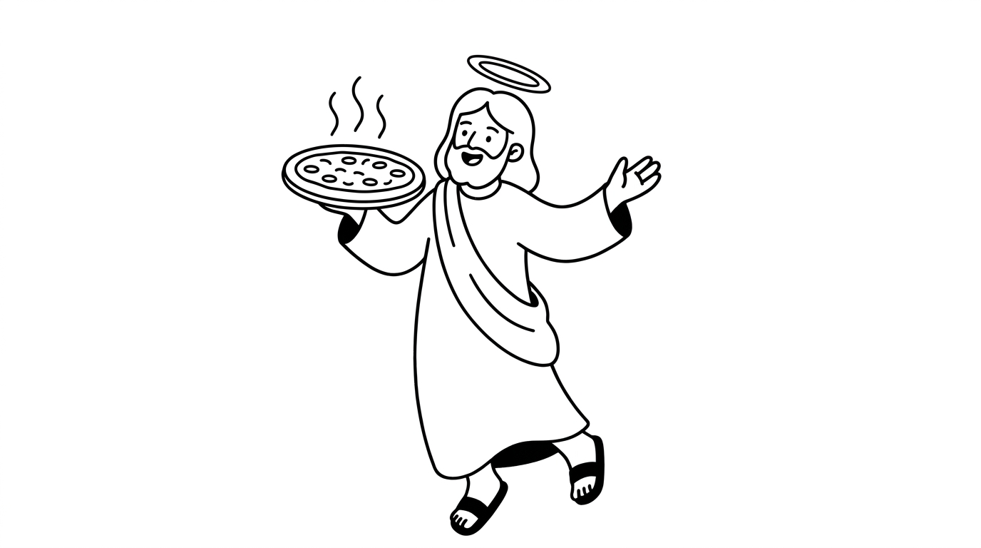 Cheezus Crust haloed mascot holding a hot pizza